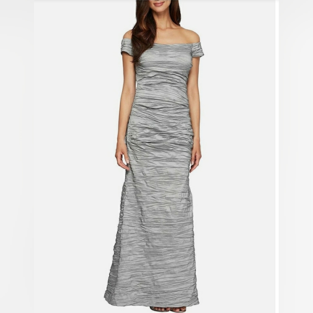 Alex evenings metallic silver gray dress ruched gown 6